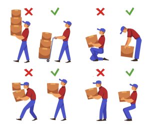 Different images showing a contrast been good and dangerous manual handling practices.